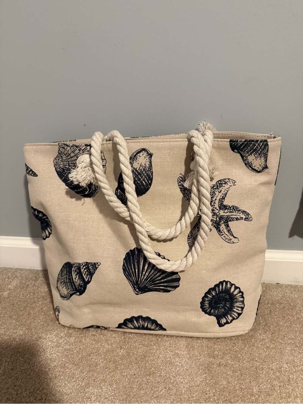 Amazon Canvas Tote Bag with Navy Shell Print and Rope Handles